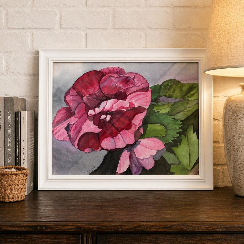 Vintage Watercolor Painting Pink Camellia Original Signed Norma Nuffer 2006